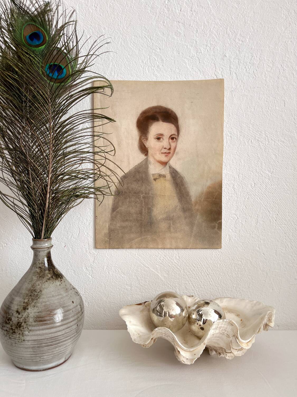 Old pastel drawing on paper portrait of a woman