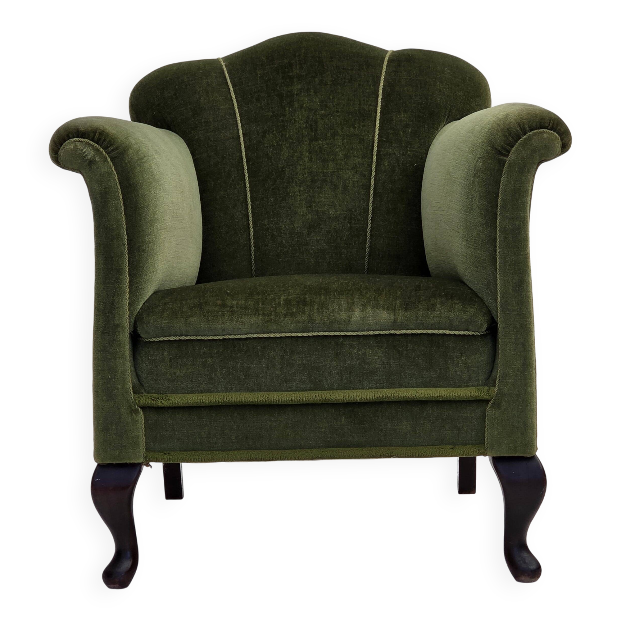 Fauteuil danois des années 1950, velours vert, pieds en frêne.