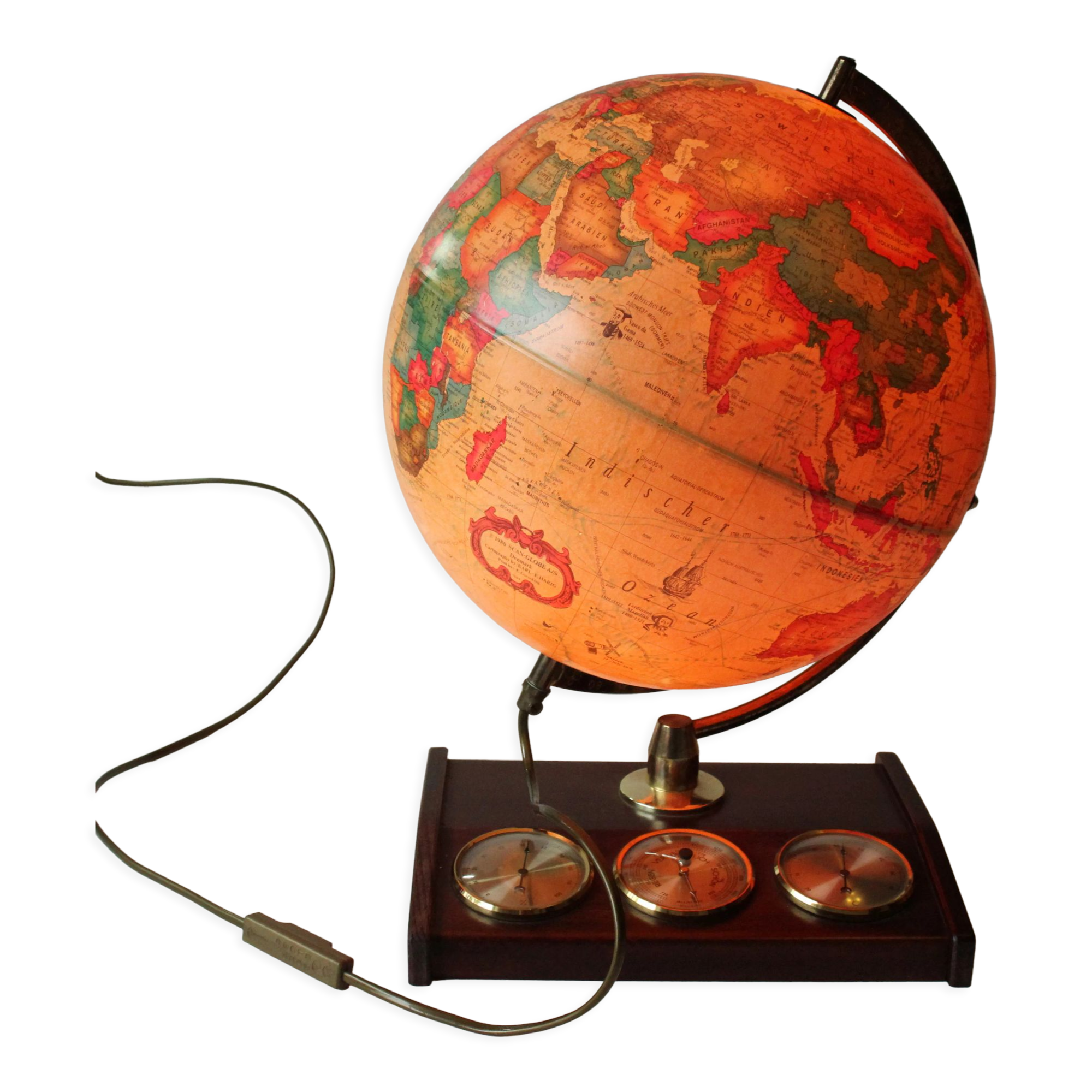1980s danish illuminated globe (Scan-Globe) on a wooden foot with weather station