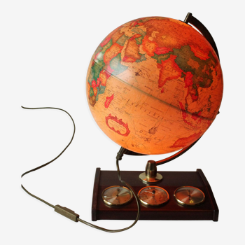 1980s danish illuminated globe (Scan-Globe) on a wooden foot with weather station