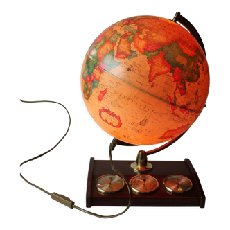 1980s danish illuminated globe (Scan-Globe) on a wooden foot with weather station