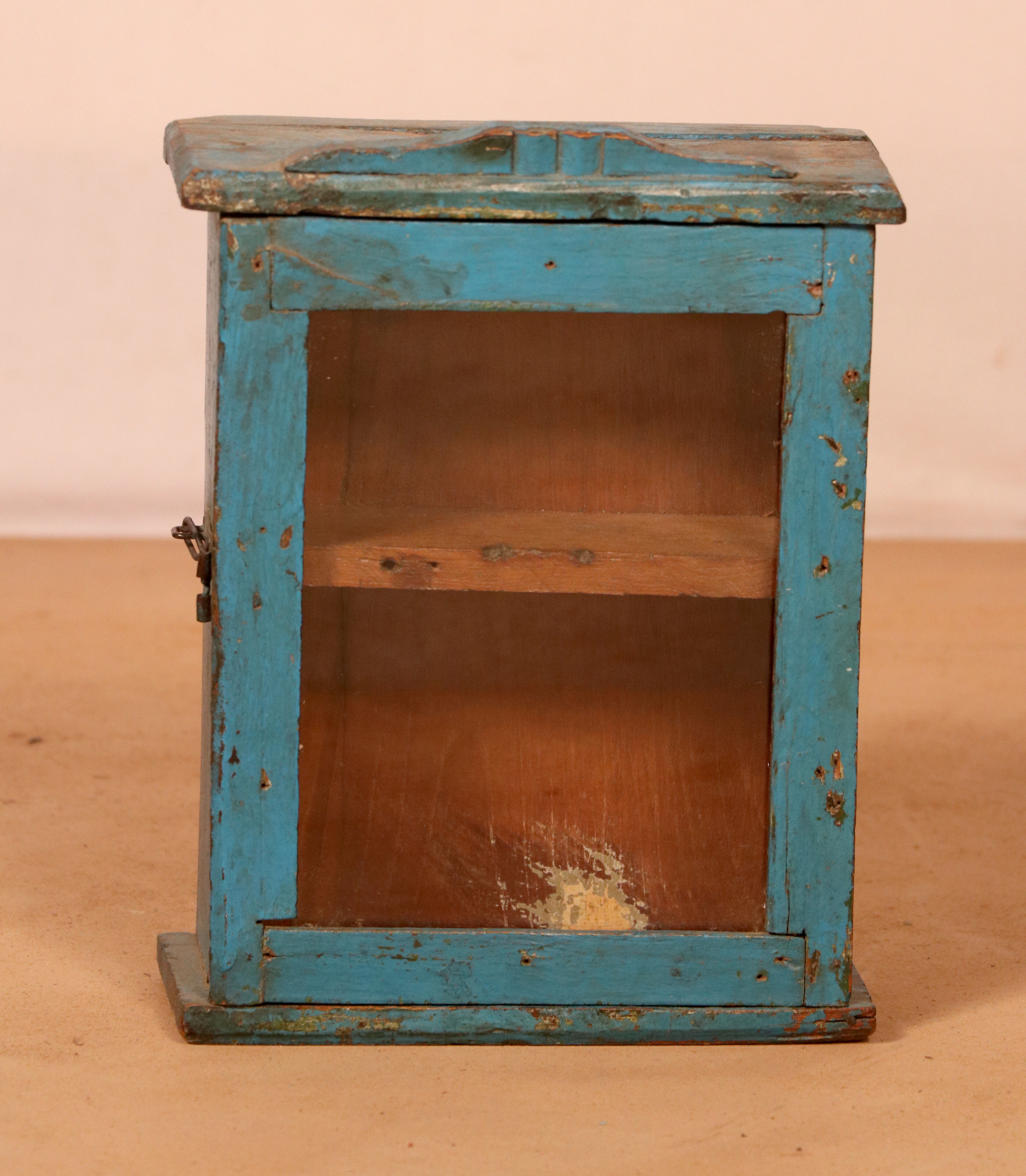 old Art Deco wall display case in original blue teak Burmese patina