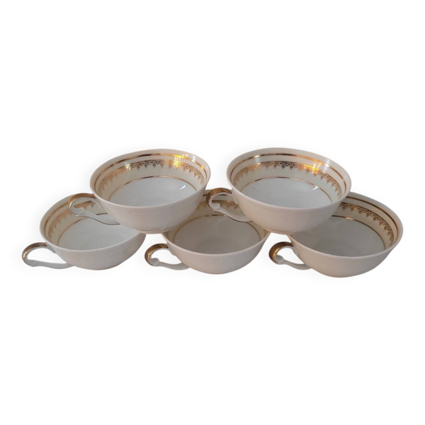 5 tasses en porcelaine de Limoges – A. Lanternier & Cie – décor doré