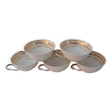 5 tasses en porcelaine de Limoges – A. Lanternier & Cie – décor doré