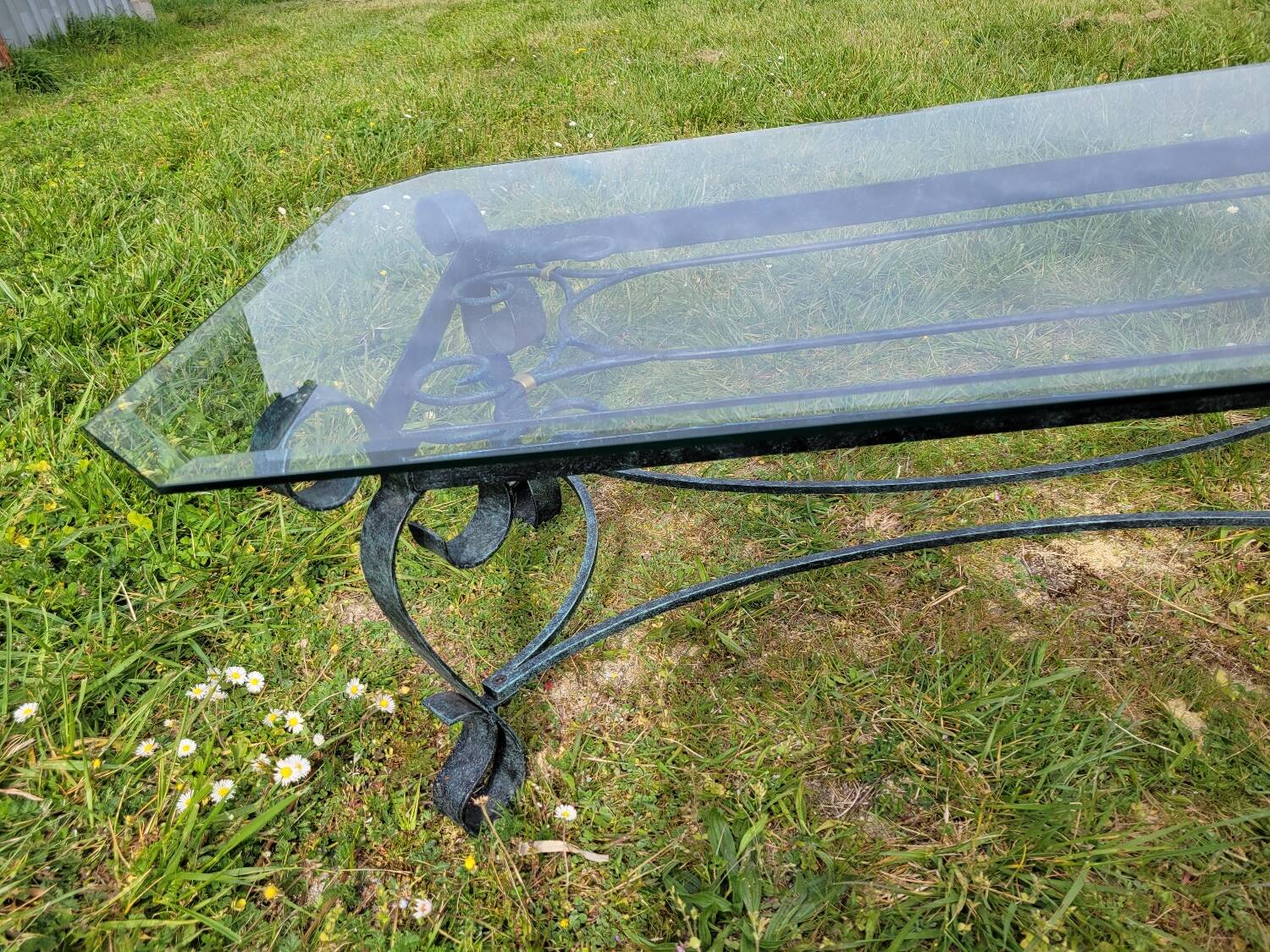 Italian glass and wrought iron coffee table