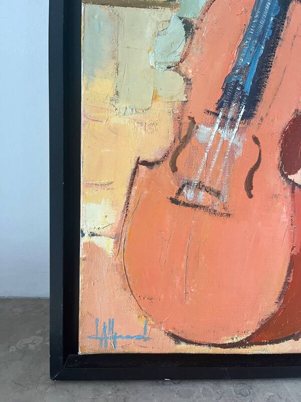 Le violon aux roses, huile sur toile