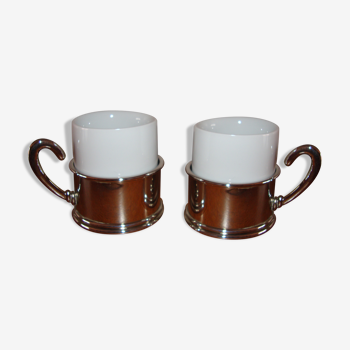 Duo de tasses à café céramique blanche support métal