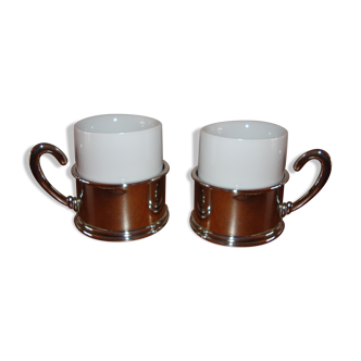 Duo de tasses à café céramique blanche support métal