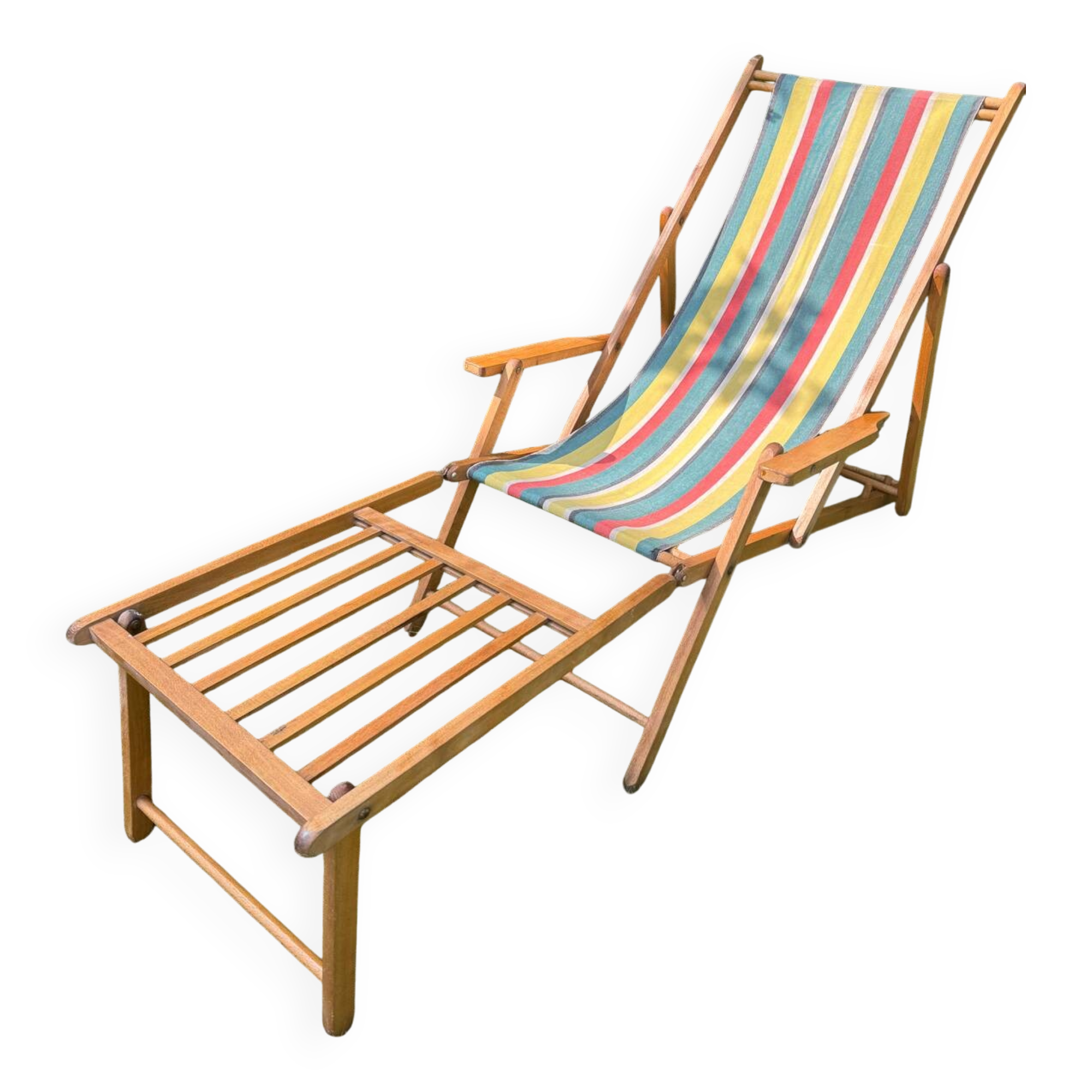 Vintage wooden deckchair/chilienne with footrest — 1960s