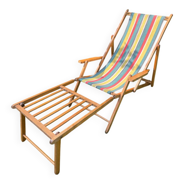Transat/ chilienne vintage en bois avec repose-pieds — Années 60