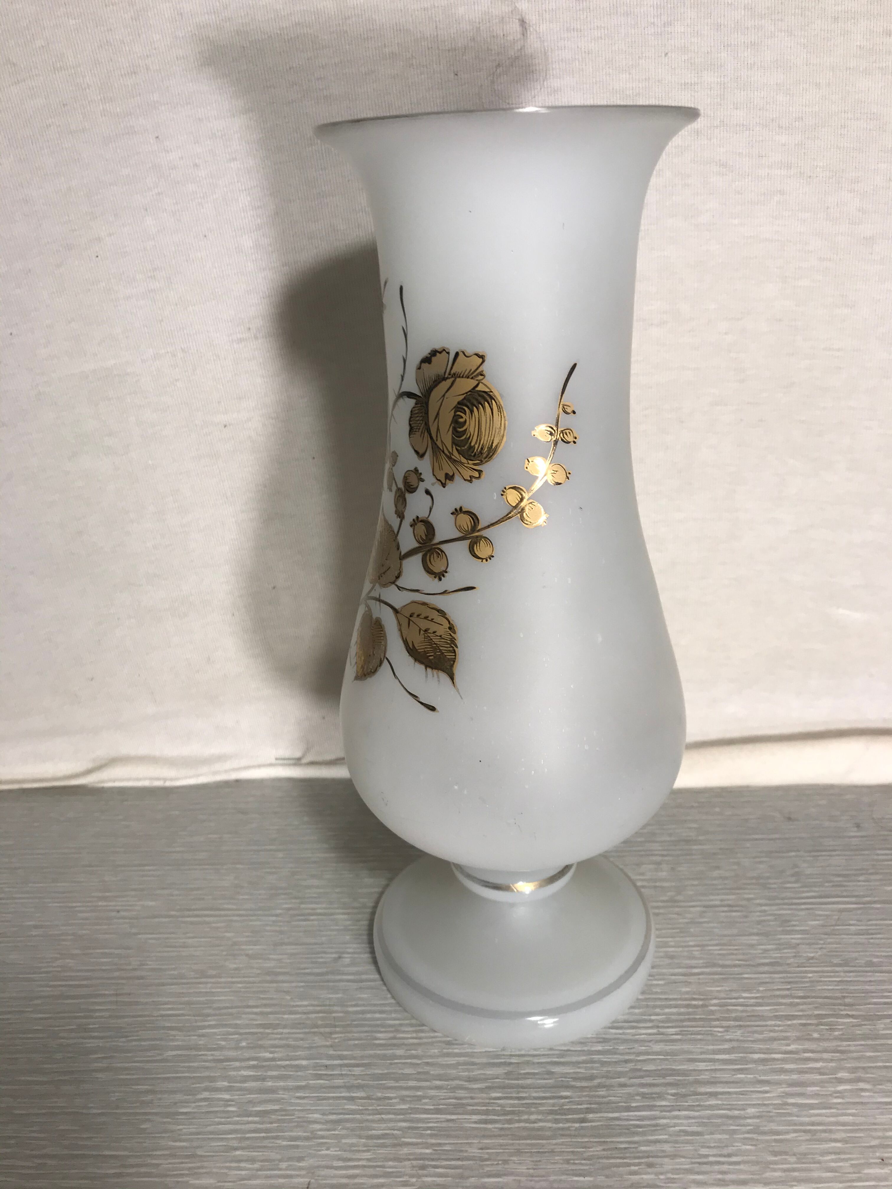 Ancient Glass Vase Opalin White - Drawing Golden Roses Form Vintage Cup