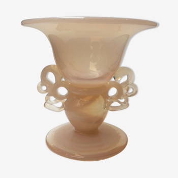 Medici-shaped opalin blown glass vase with two XXth handles