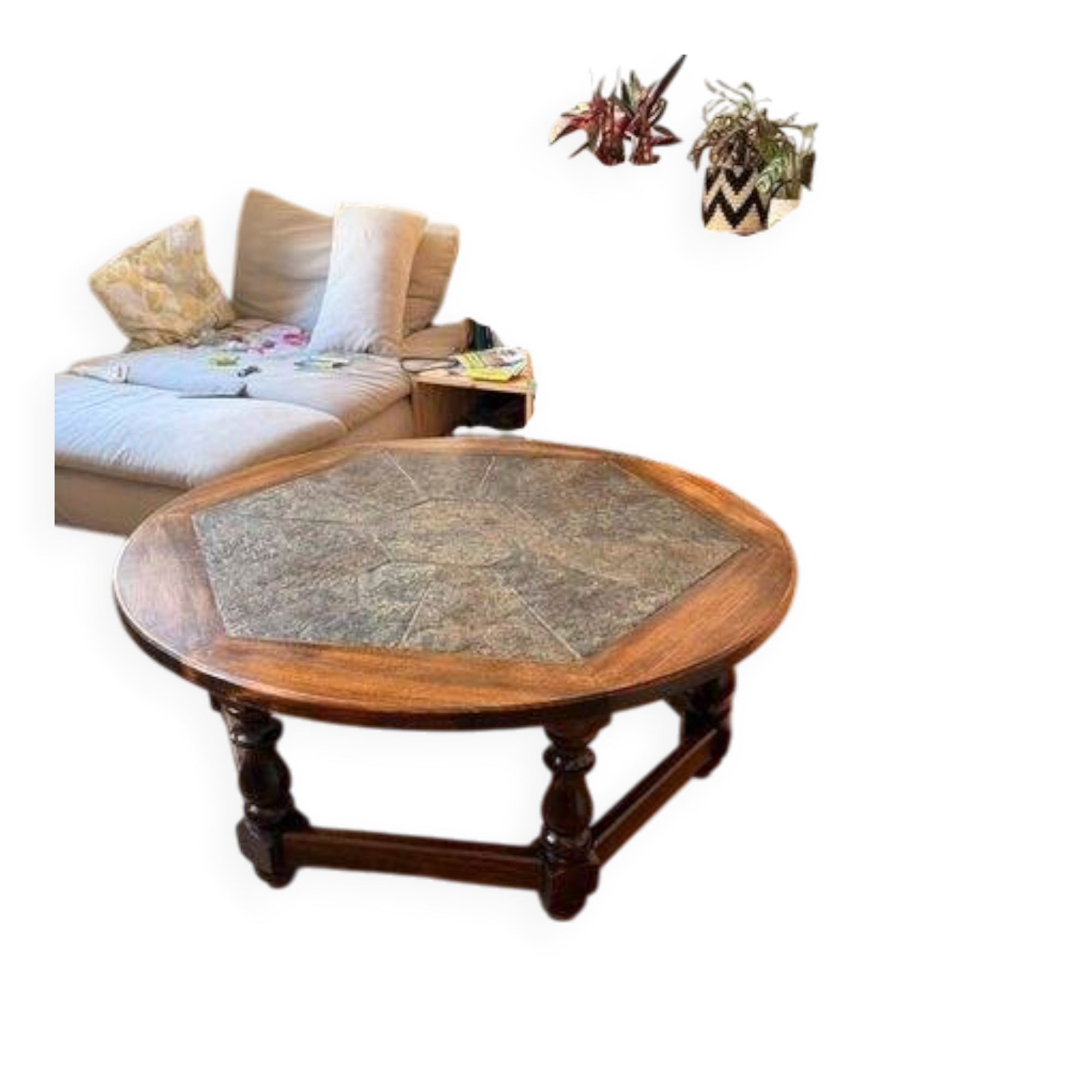 Round coffee table in solid wood & natural stone – diameter 99 cm