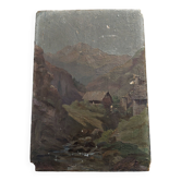Painting oil on panel landscape mountains early twentieth