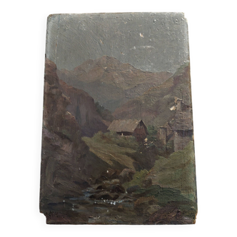 Painting oil on panel landscape mountains early twentieth