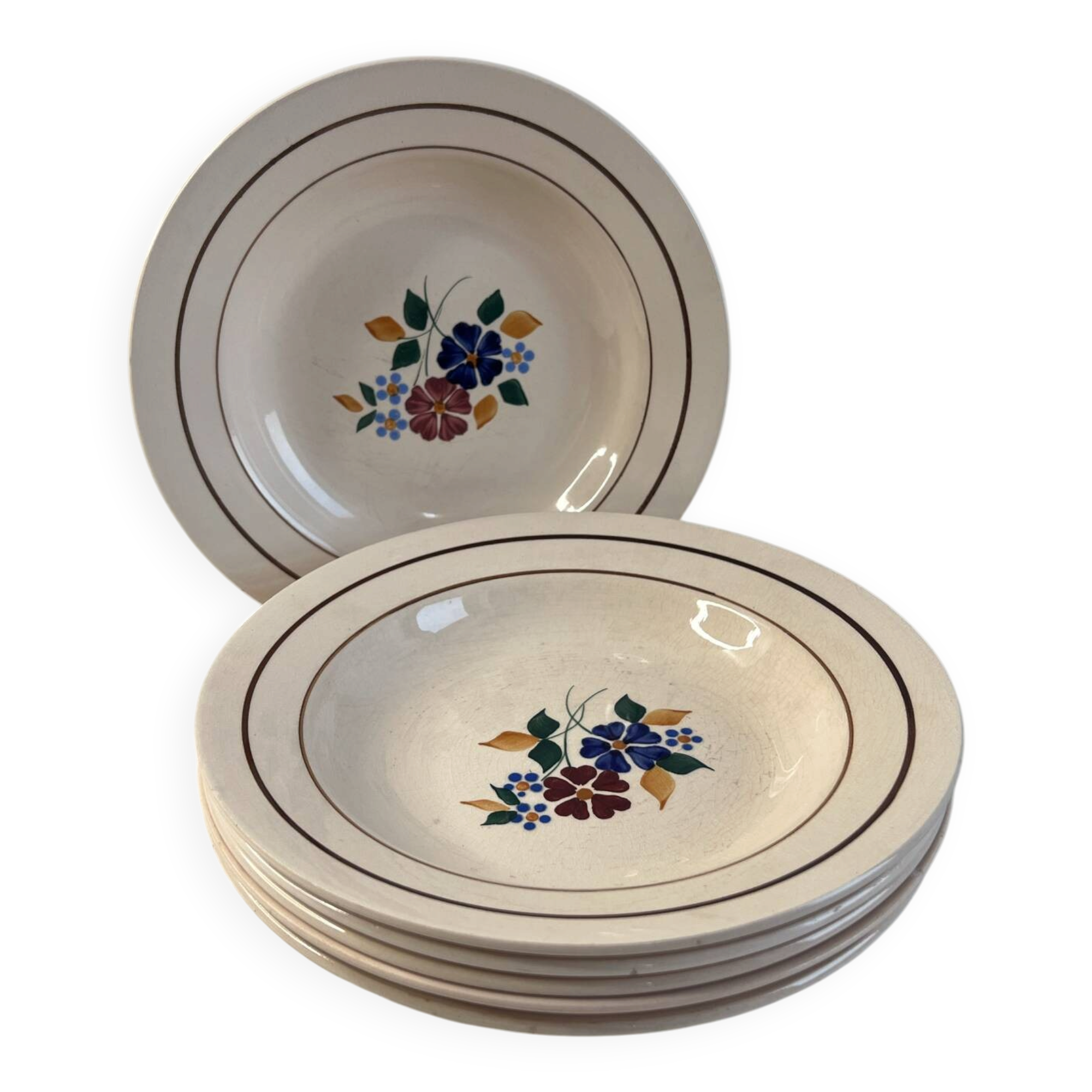 Set of 6 St Amand hand-painted deep plates 22.5cm