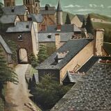 Huile sur panneau représentant un village en 1961