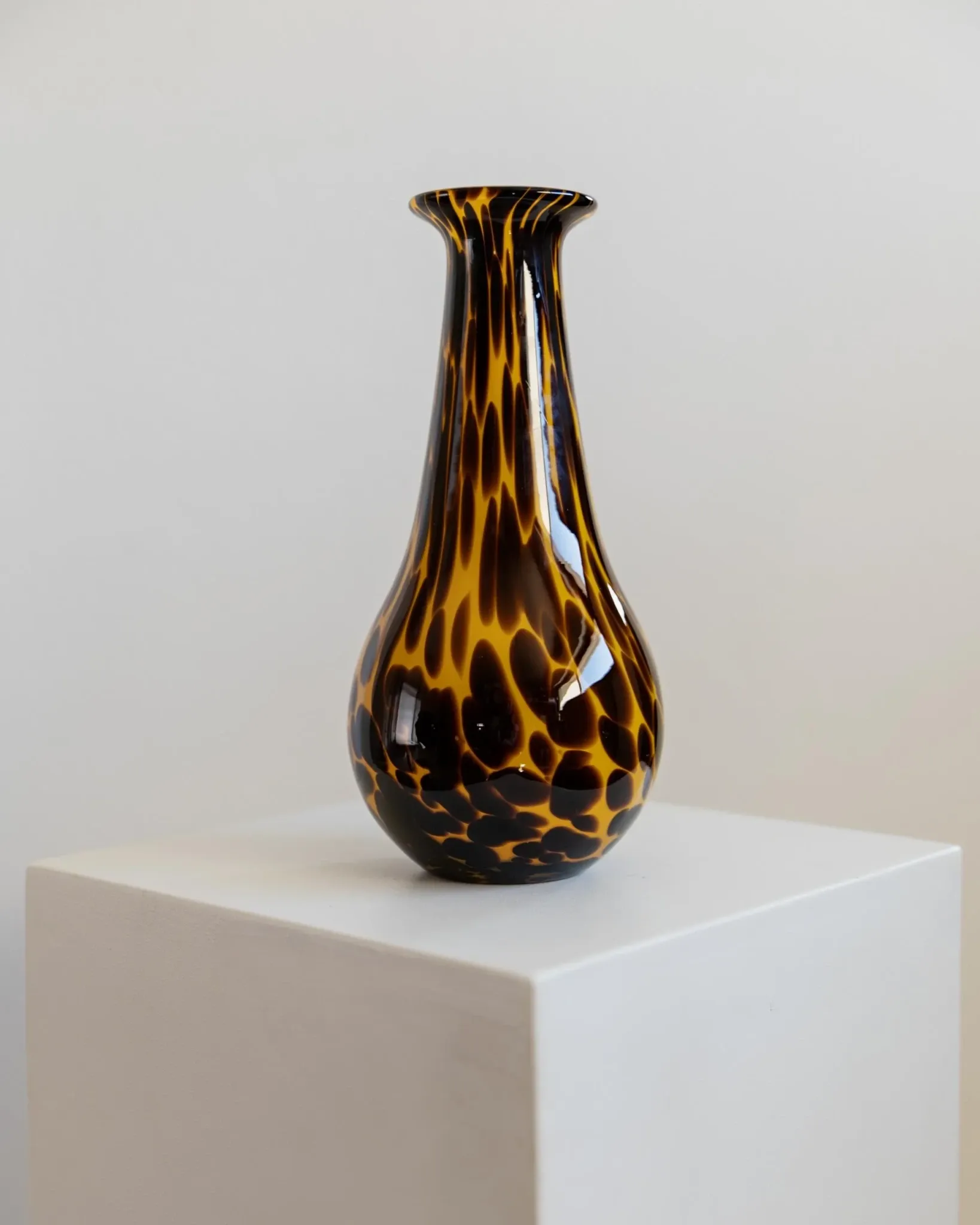 Vintage Murano glass vase from the 1990s, yellow art glass with brown spots, postmodern Italian design, sculptural flower vase, elegant gift idea.