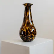 Vintage Murano glass vase from the 1990s, yellow art glass with brown spots, postmodern Italian design, sculptural flower vase, elegant gift idea.