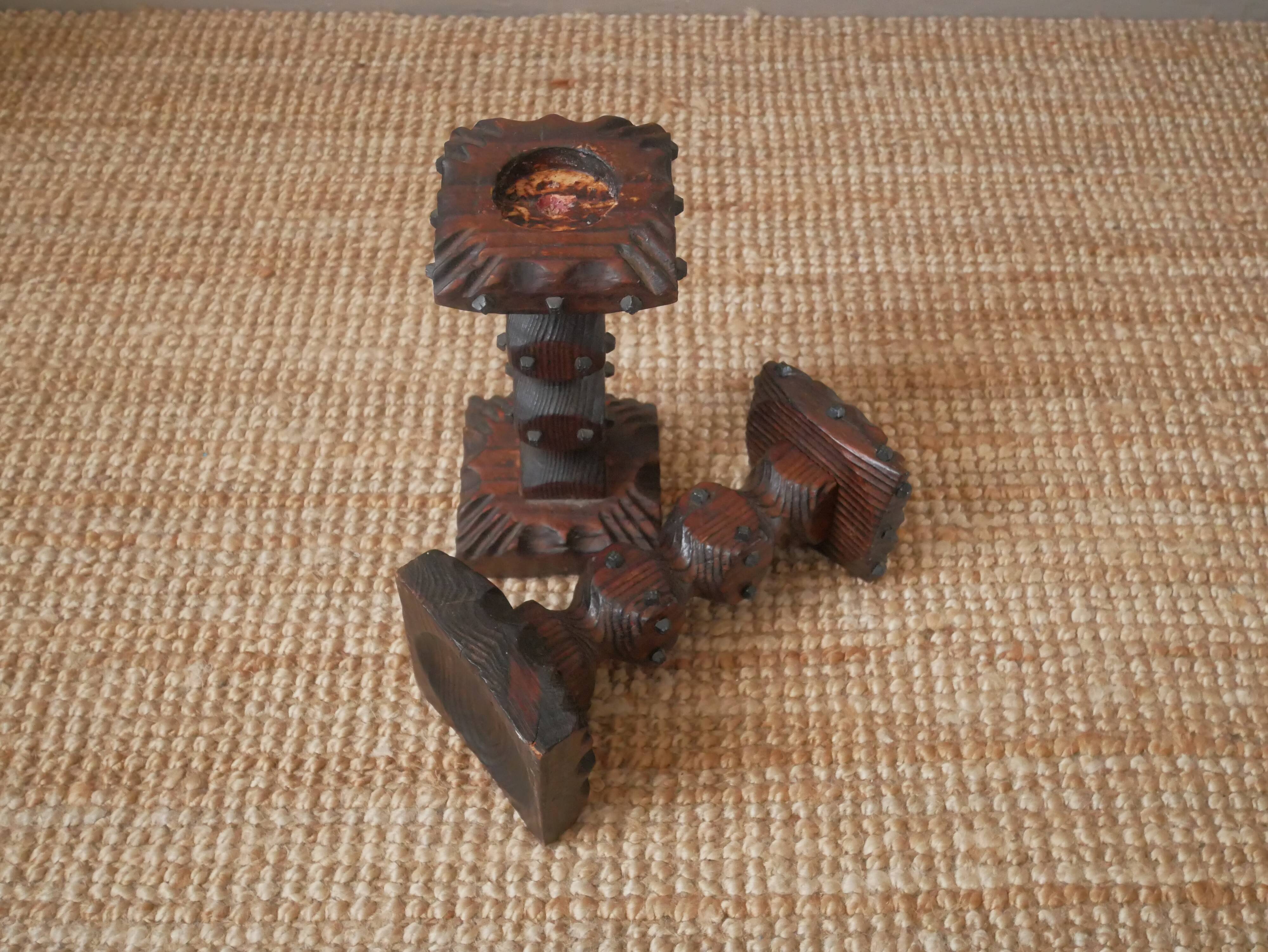 Pair of carved wood candlesticks iron nails handcrafted brutalist design candlesticks
