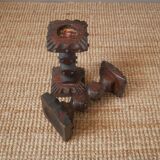 Pair of carved wood candlesticks iron nails handcrafted brutalist design candlesticks