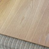 Pine wood and ratan table with 2 ottomans