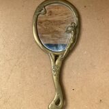 Ancien miroir art nouveau face a main bronze doré décor fleurs vintage