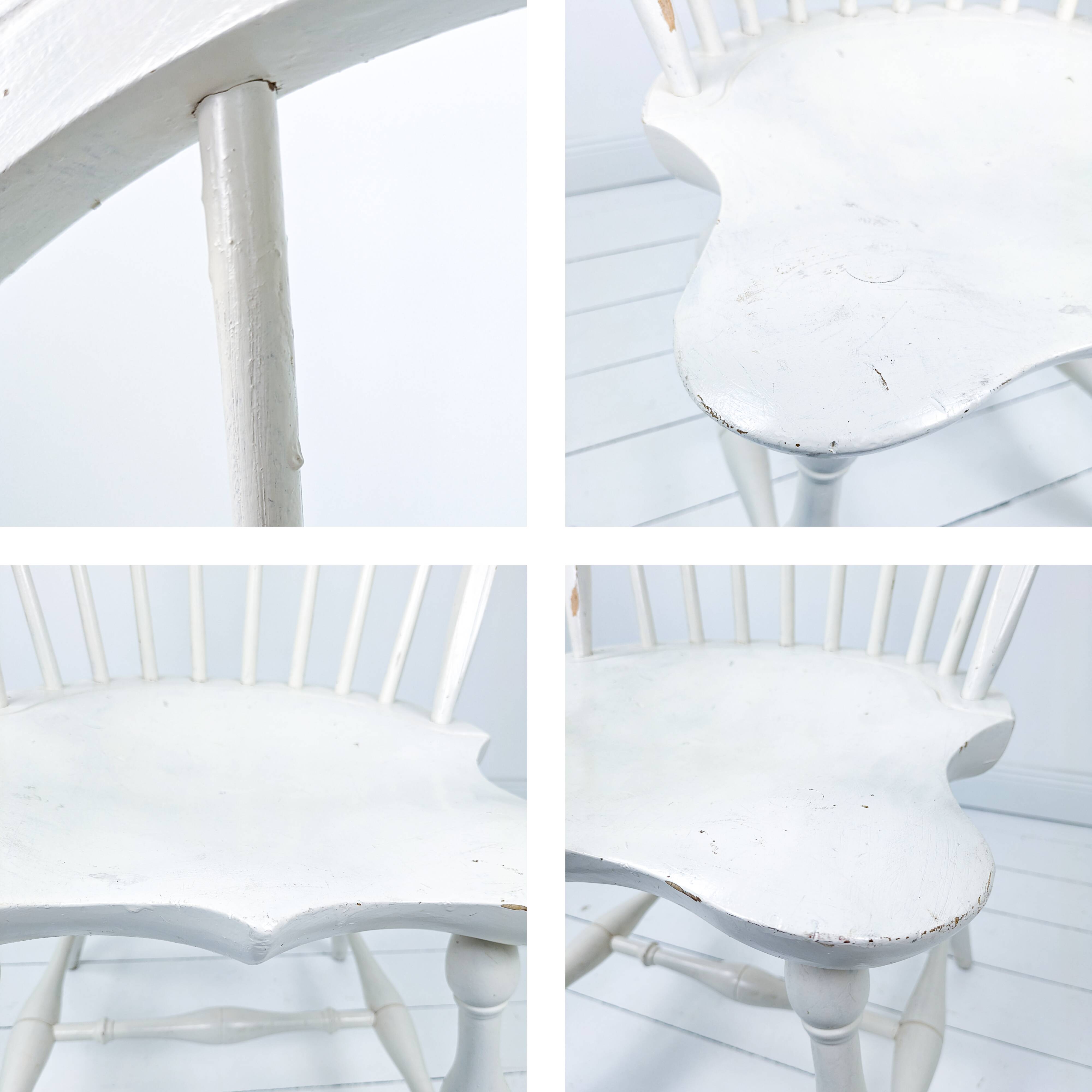 Chaise vintage en bois blanc avec dossier à barreaux, style maison de campagne