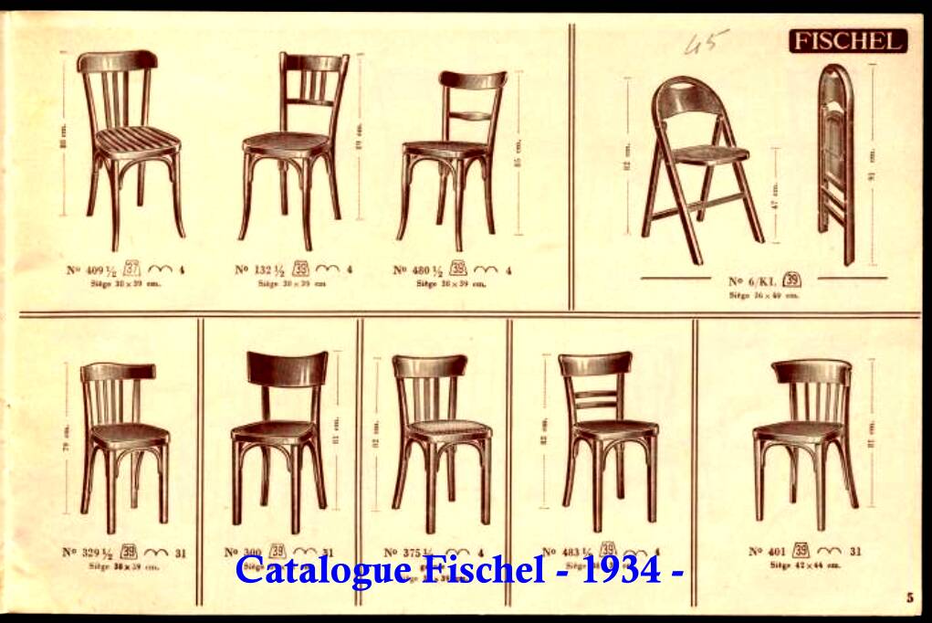 6 fischel n°409 bistro chairs, circa 1935, wooden seat, no thonet.