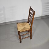 Set of 4 oak, rustic, farmhouse, ladderback dining chairs with rush seats 1960s