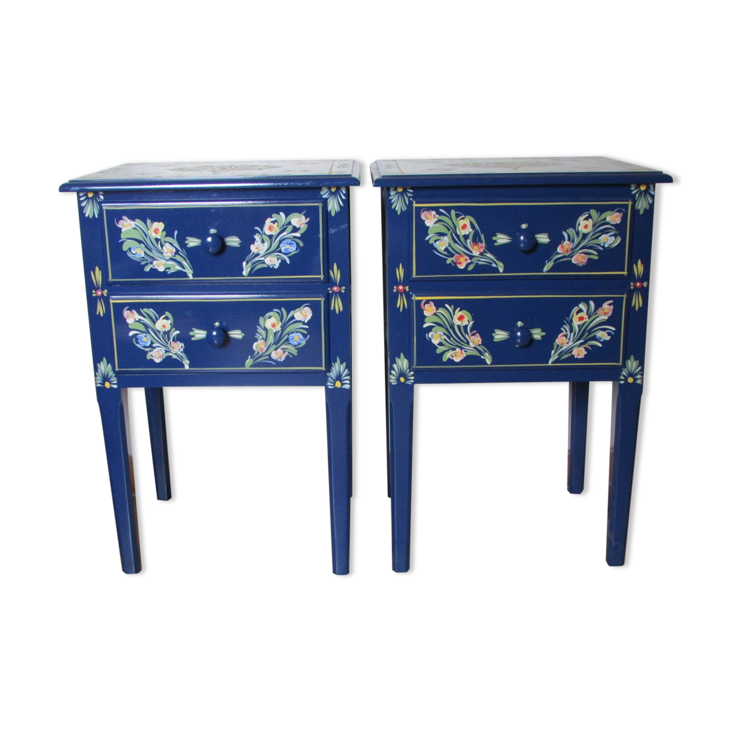 2 bedside tables, flowery blue lacquered
