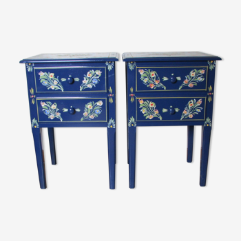 2 bedside tables, flowery blue lacquered