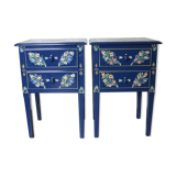 2 bedside tables, flowery blue lacquered