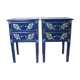 2 bedside tables, flowery blue lacquered