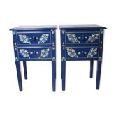 2 bedside tables, flowery blue lacquered