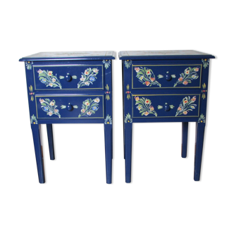 2 bedside tables, flowery blue lacquered