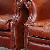 Set of 2 Cognac-Colored Cowhide Leather Club Chairs with Matching Ottoman