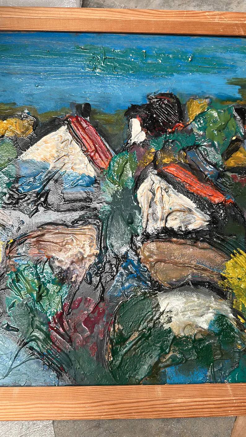 Original Swedish Oil on Panel – "Village Scene (Thick Impasto)" – Signed – Vintage and Framed