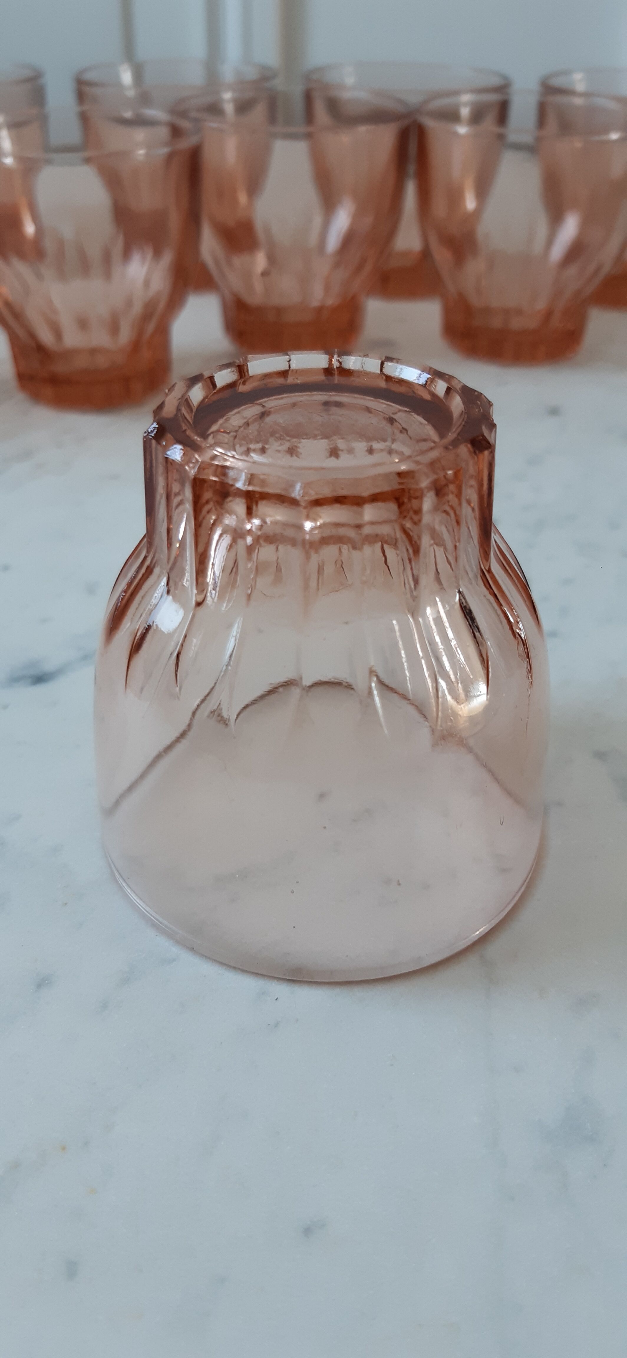 Set of 10 art deco pink glass wine/water glasses