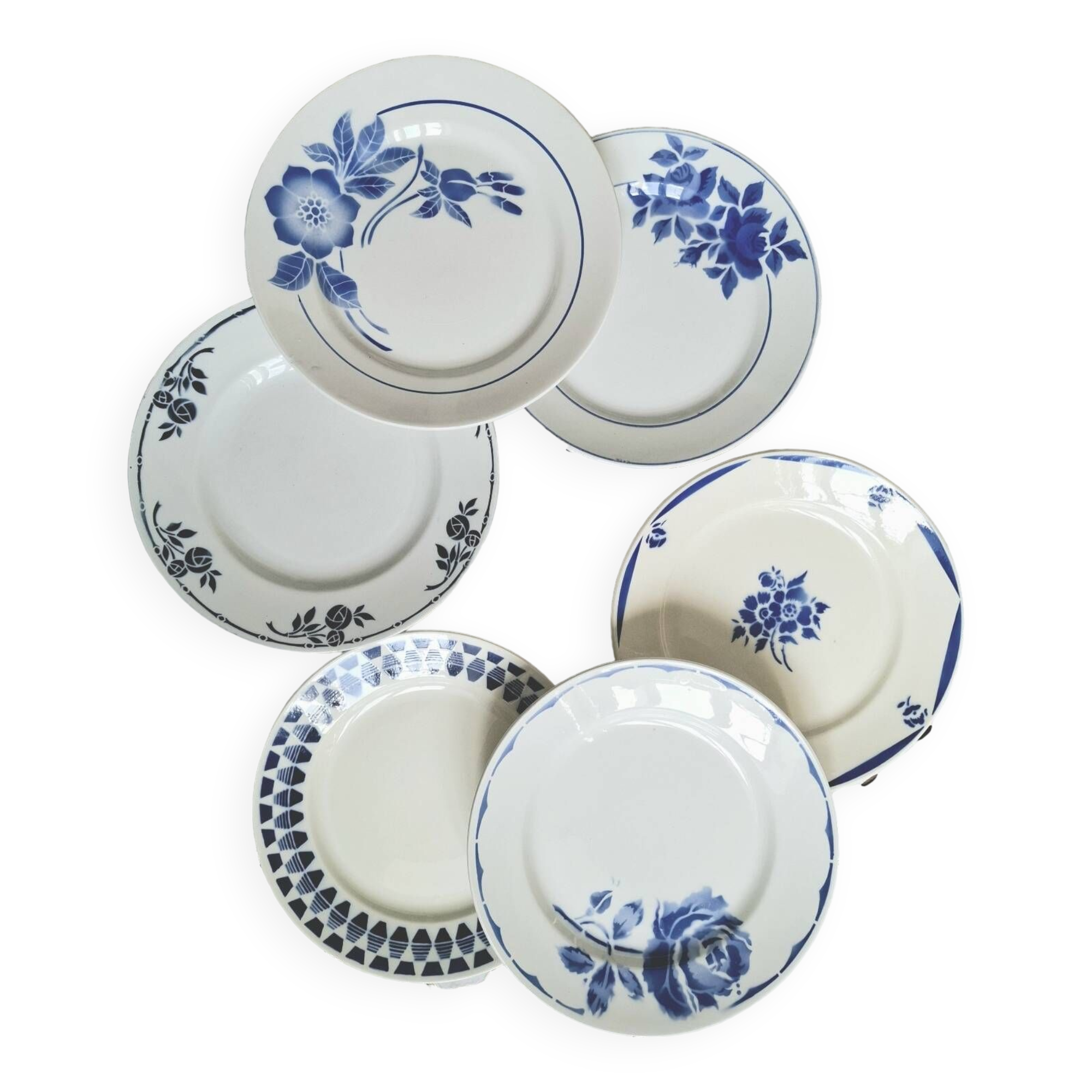 6 old mismatched earthenware dinner plates