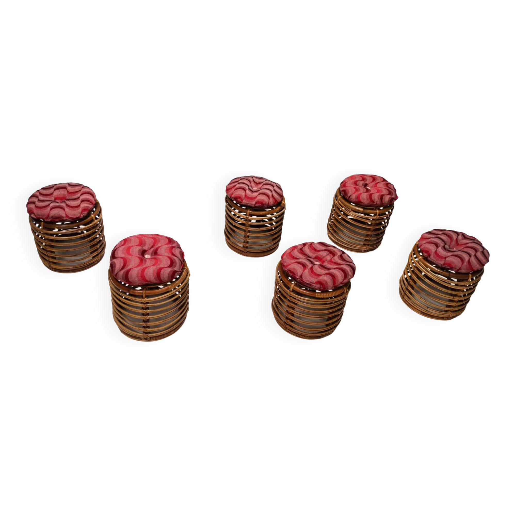 Pouf vintage en bambou par Castano recouvert de tissu cramoisi, Italie