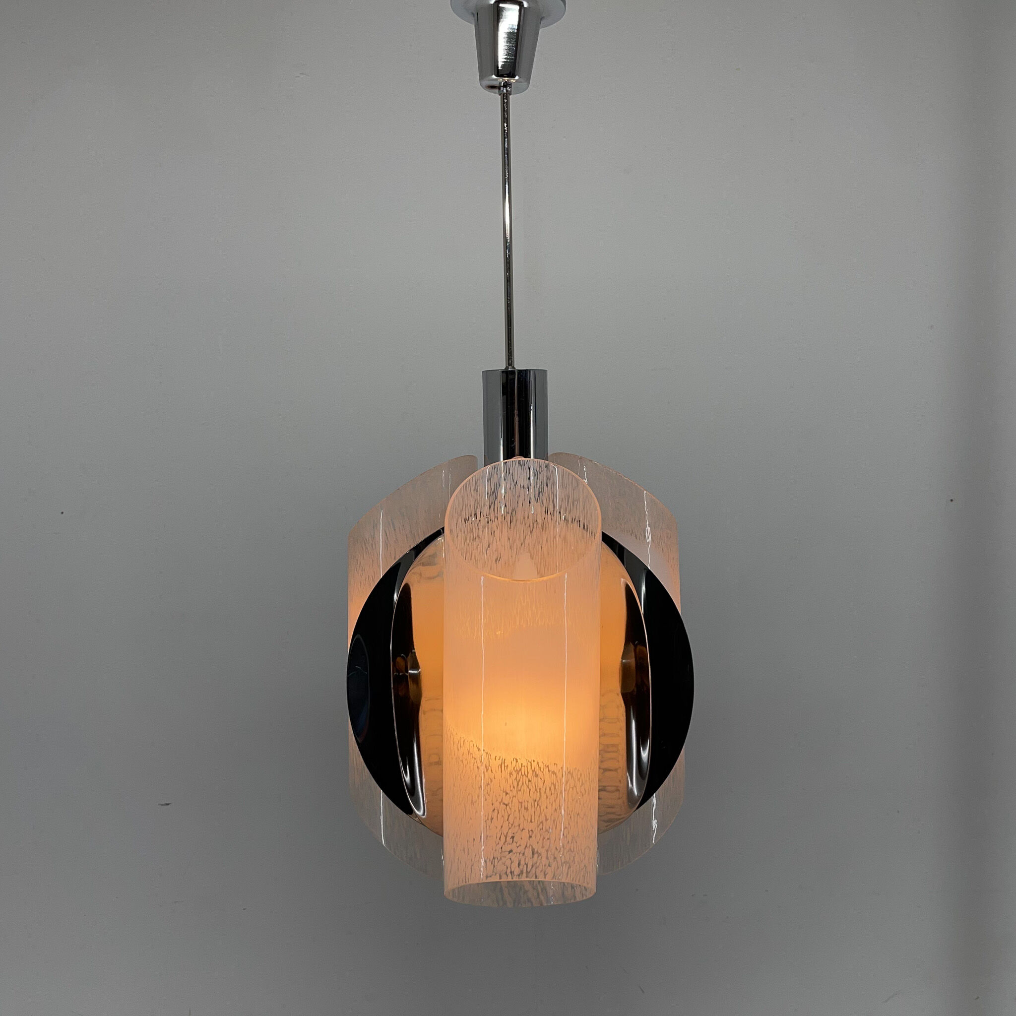 Mid-century Chrome & Murano Glass Chandelier, Italy
