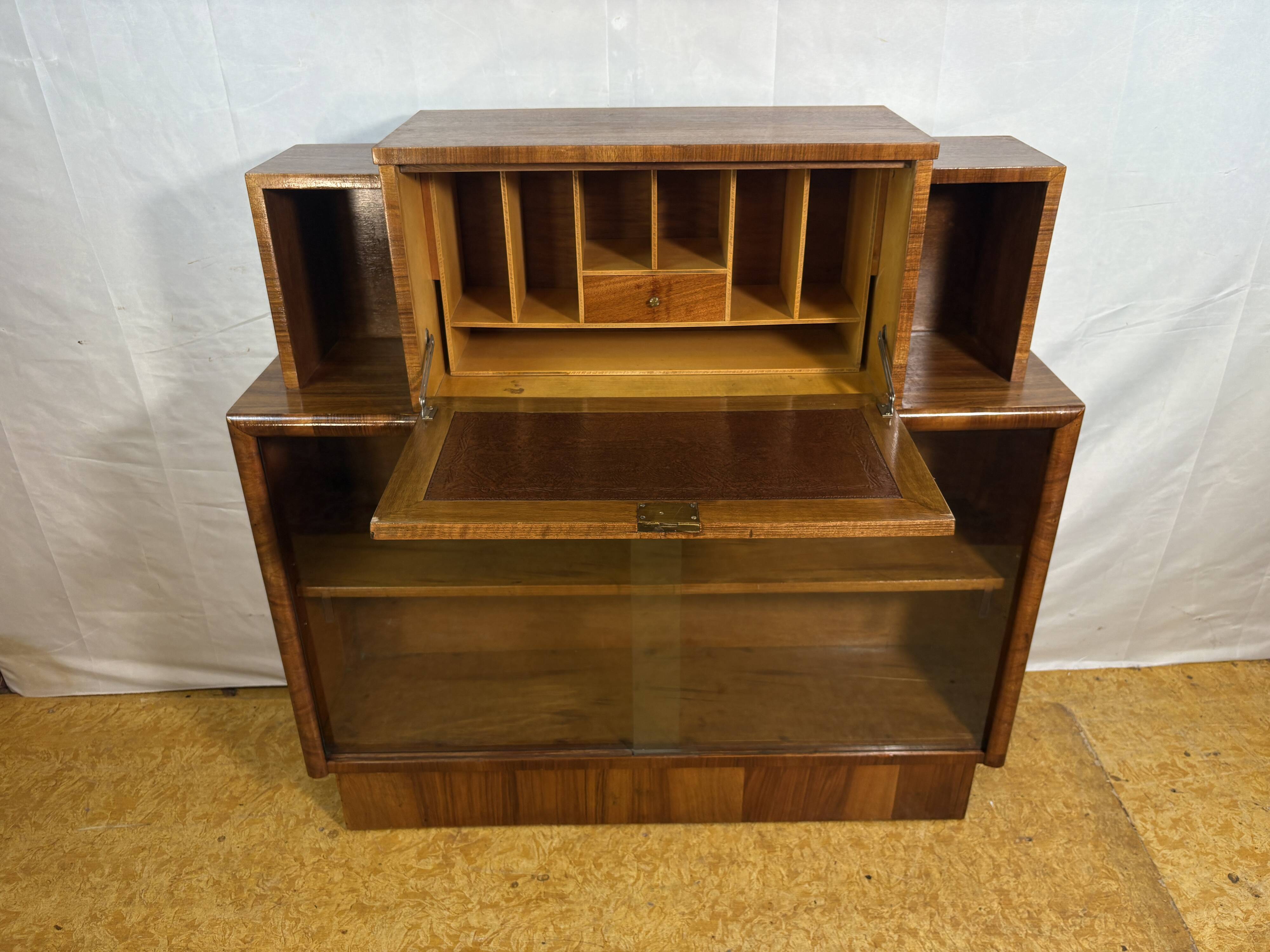 Art Deco Vintage 1930s Burr Walnut Bureau Display Cabinet Fall Front