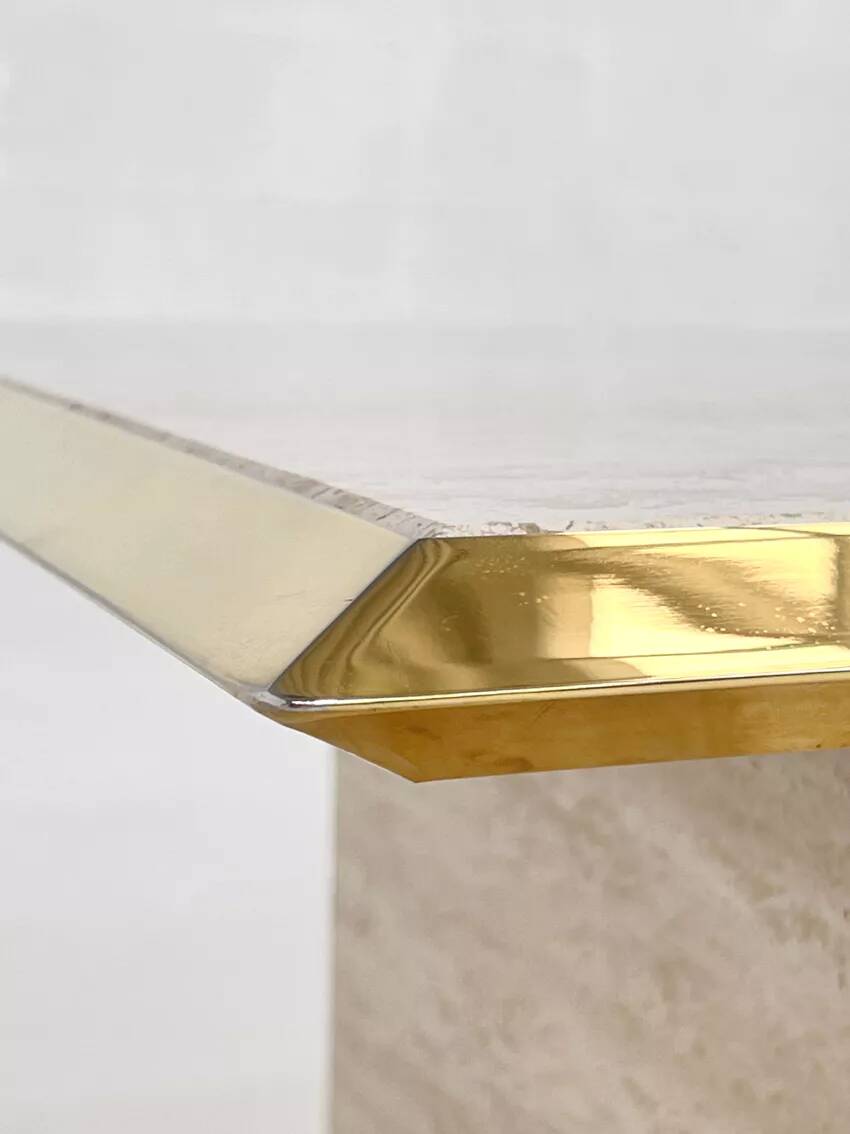 1970s square coffee table in travertine and brass