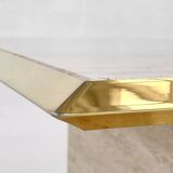 1970s square coffee table in travertine and brass