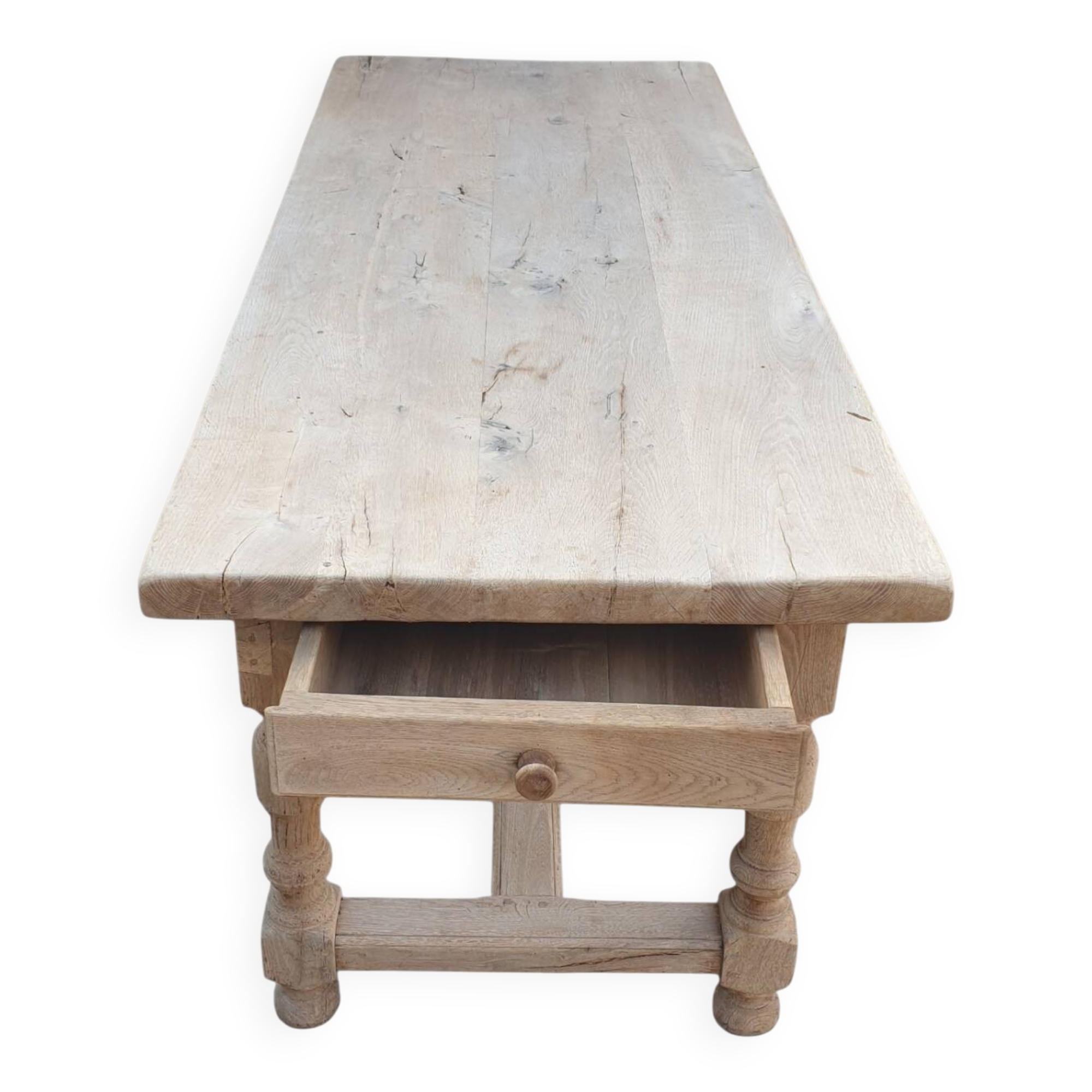 Solid oak farmhouse table with a drawer, tabletop thickness 5 cm.