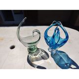 2 blue crystal and blown glass pocket vases