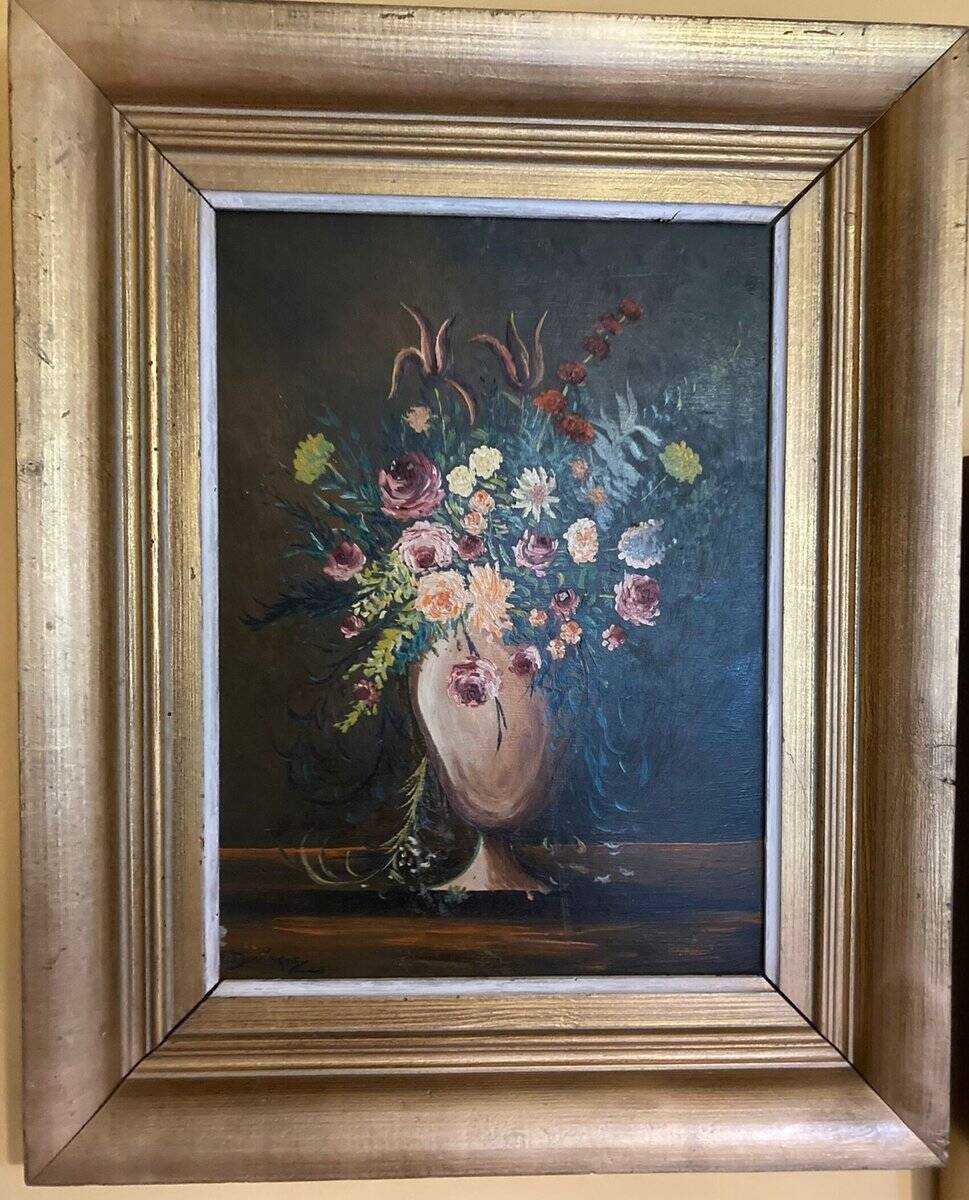 F. Domínguez, floral bodegones, 1945, oil on cardboard box, game of 2