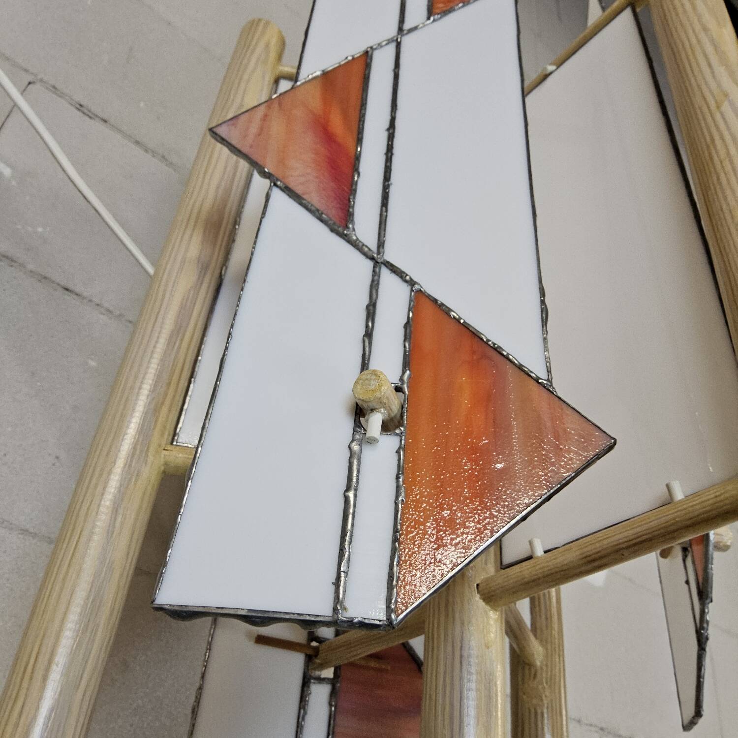 Pine wood floor lamp with handmade stained glass in Japandi style.