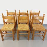 Suite of 6 vintage brutalist chairs in solid oak wood and straw from the 60s
